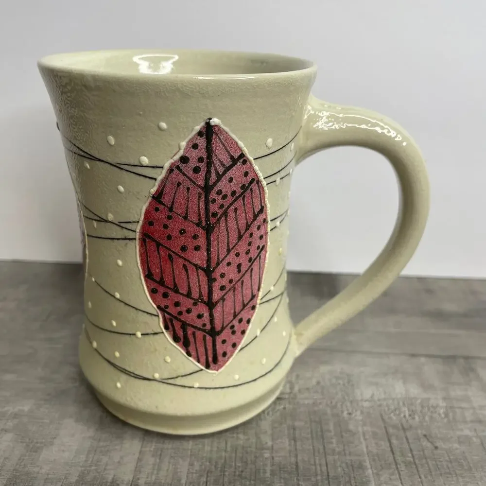 Vintage STEPHANIE KING Studio Art Pottery Creme Burgundy Tribal Leaf